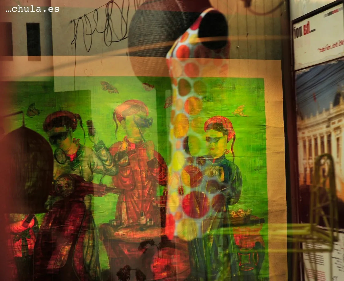 A Chula artwork of layered figures shown at Arts Night in Hanoi