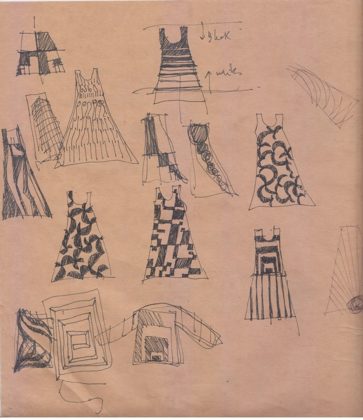 A page of early pencil dress sketches, 2007