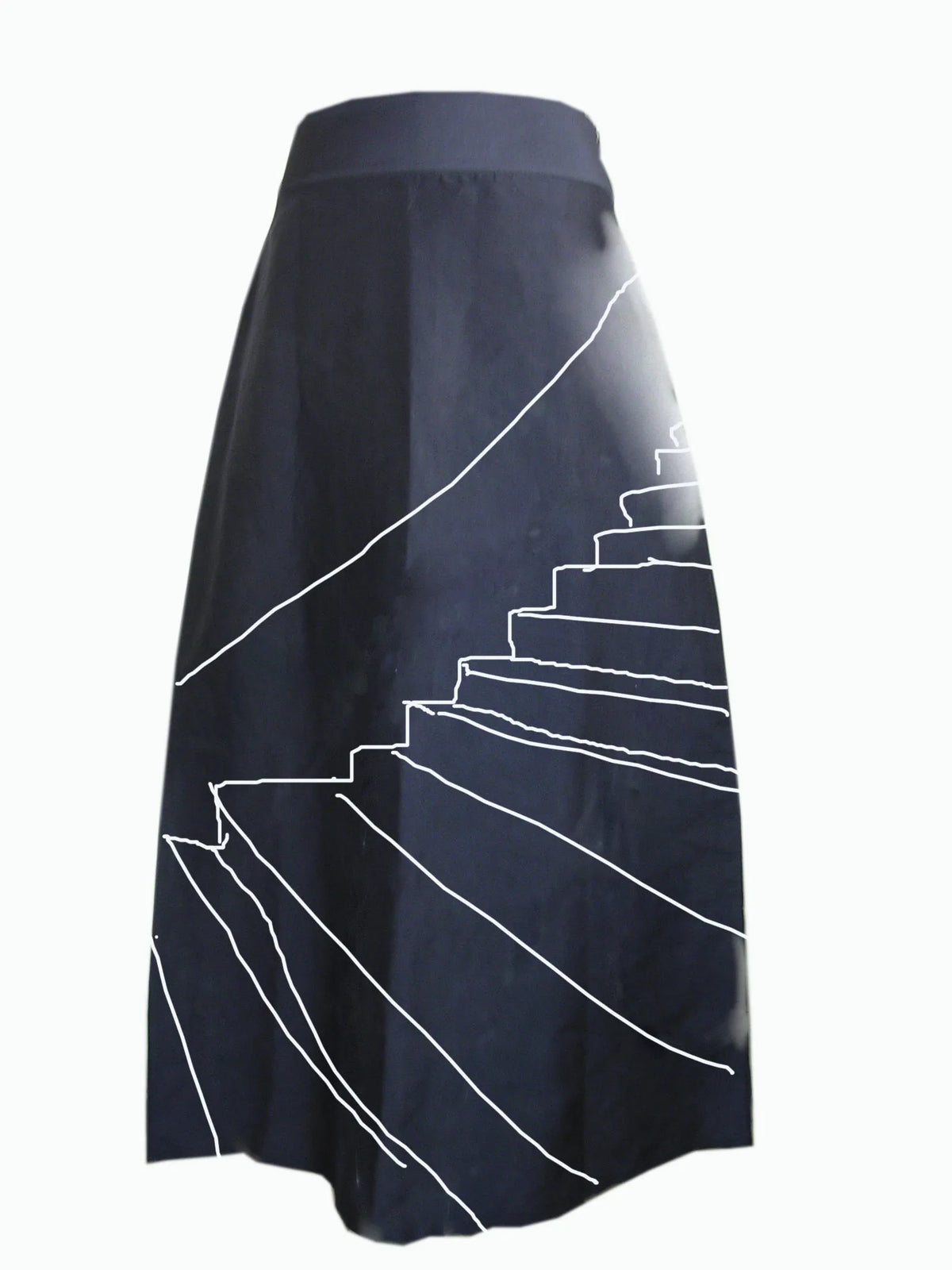 Navy skirt drawn in white line with a staircase, an early design