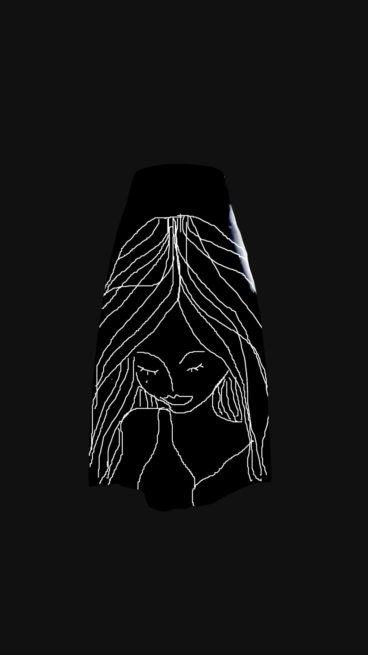 Black skirt drawn in white line with a woman's face, an early design