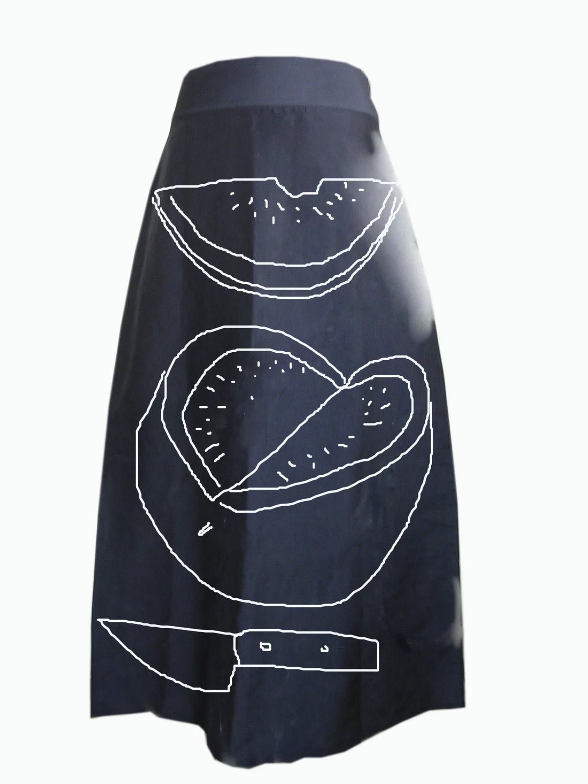 Navy skirt drawn in white line with a watermelon slice, an early design